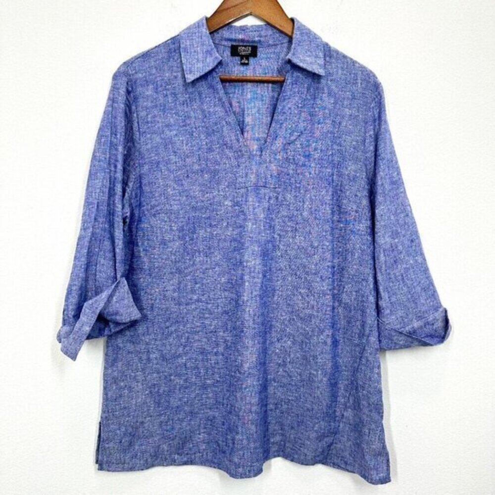 Jones New York Size L Linen V Neck Popover Tunic Blouse Coastal Casual‎ Classic